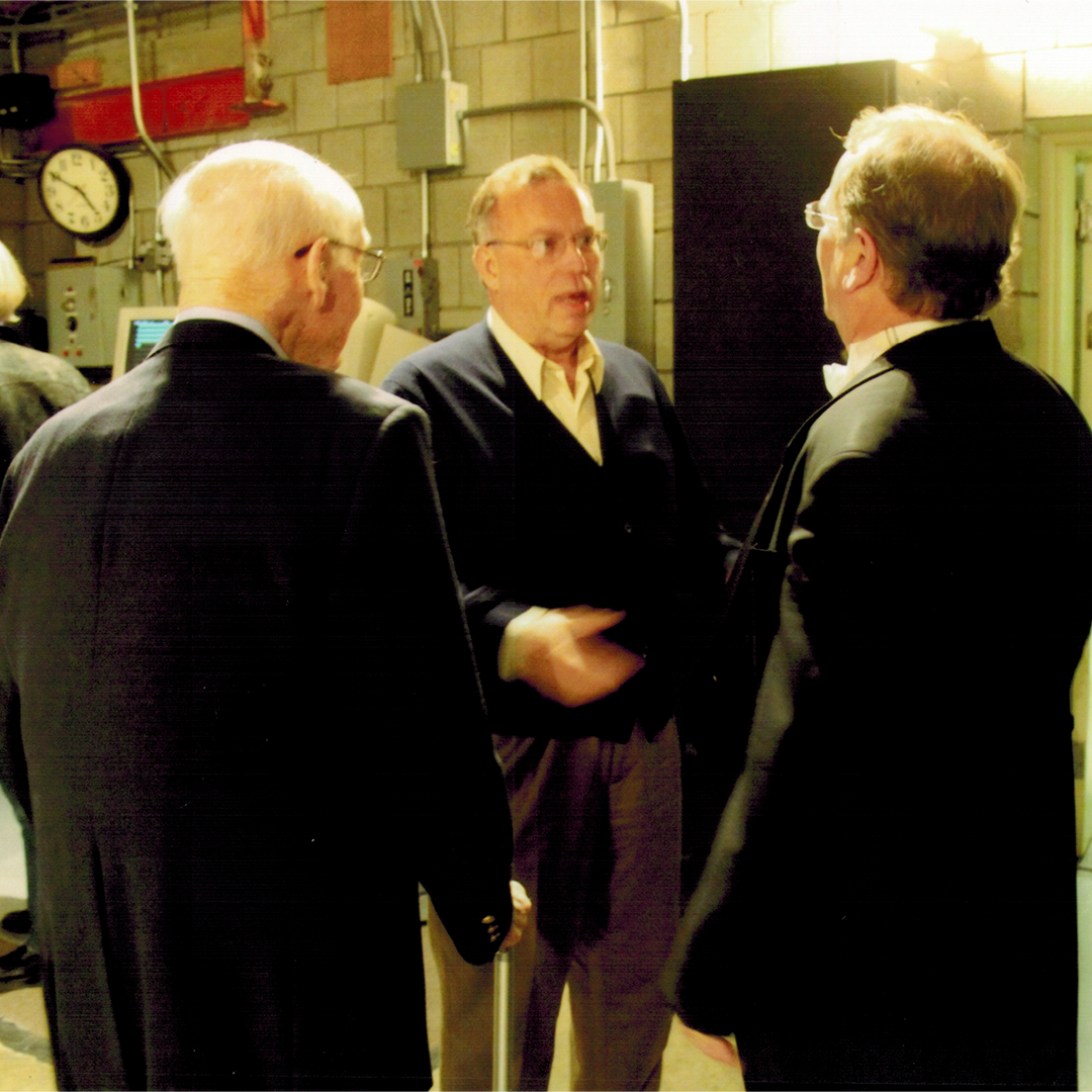  Bruce Moss, Richard Kennell, and Mark Kelly back stage in Kobacker Hall after a concert.  