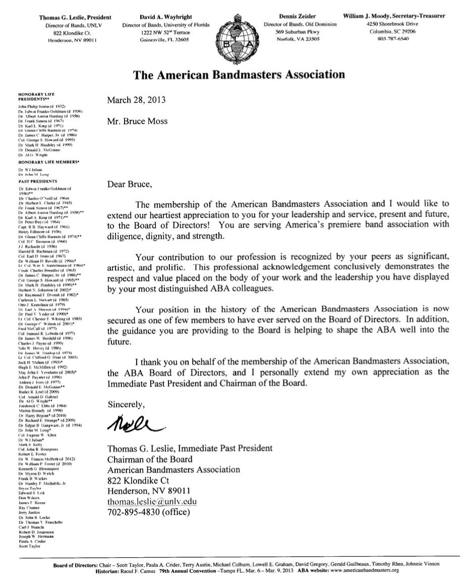  Thomas Leslie's letter of commendation for Dr. Moss' service on the ABA Board of Directors. 