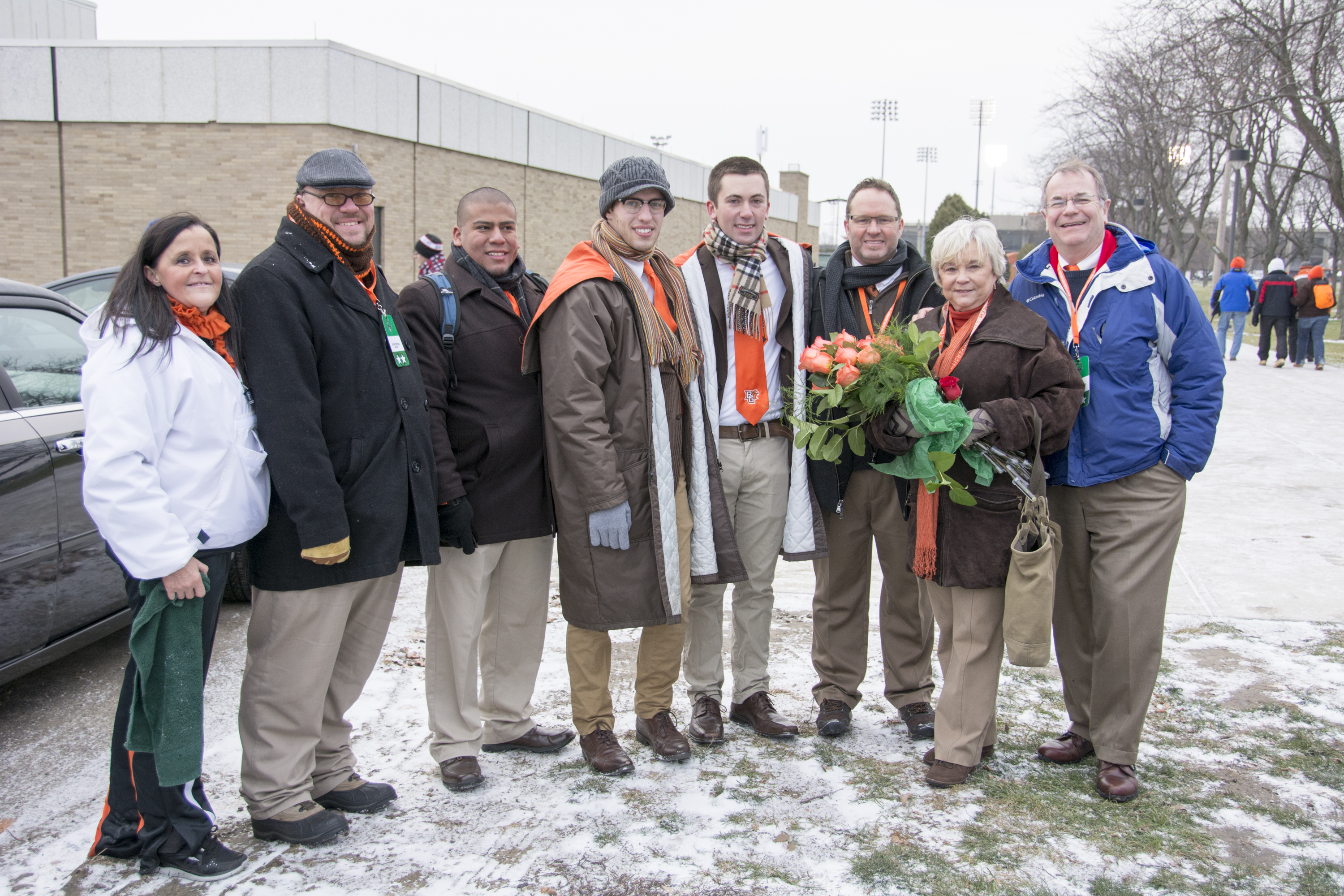  Dr. Moss with Dr. Hayward, Kathy Siebenaler Wilson, Guy Batterson, Brady Sark, and graduate assistants Dan Rodriguez, Nick Zoulek, and Chris Murphy, at Dr. Hayward's last home football game (Oct. 2014) (photo: Bill Hayward) 