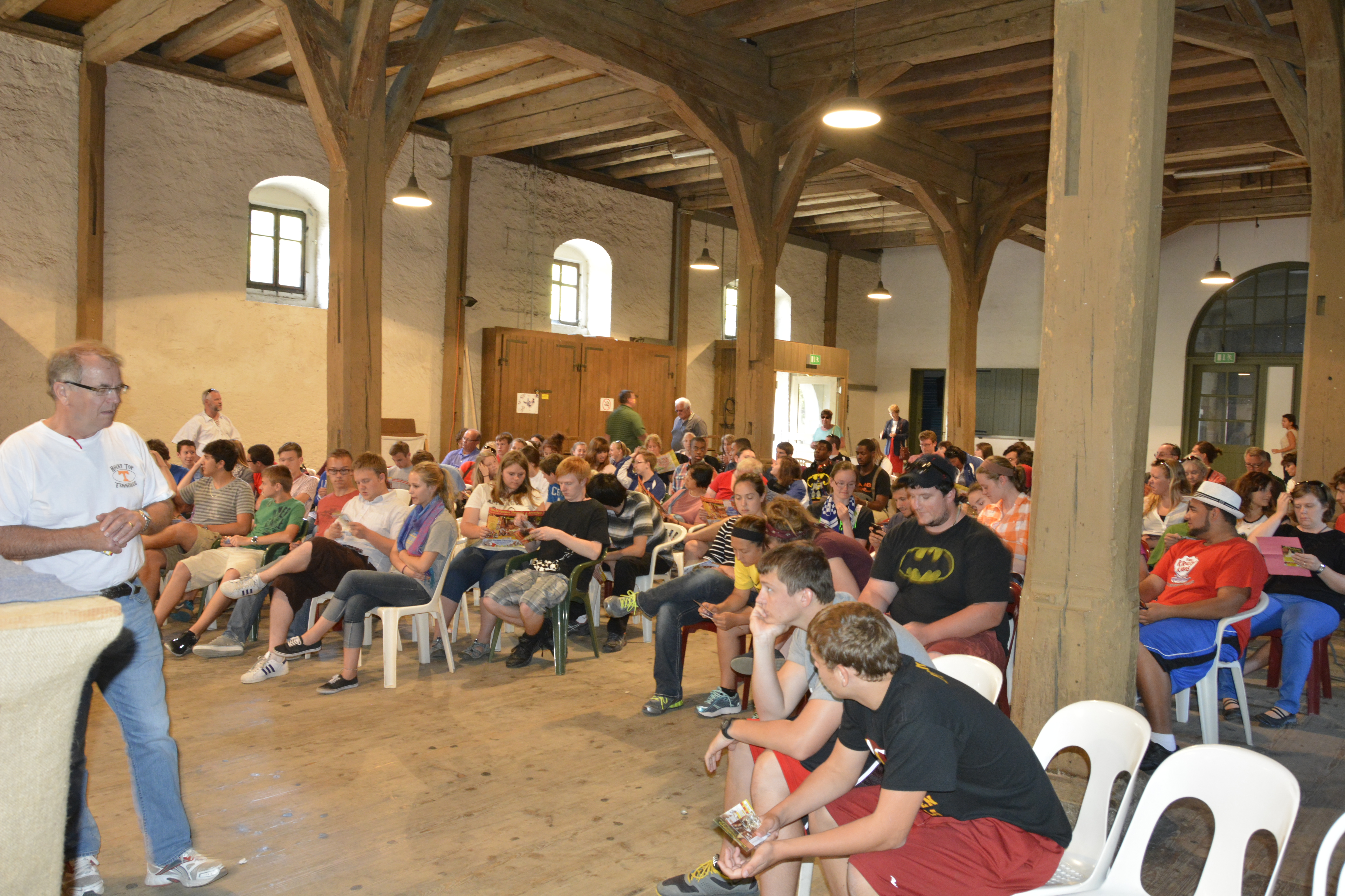  Dr. Moss, casually dressed, at a group meeting with the Ohio Ambassadors. 