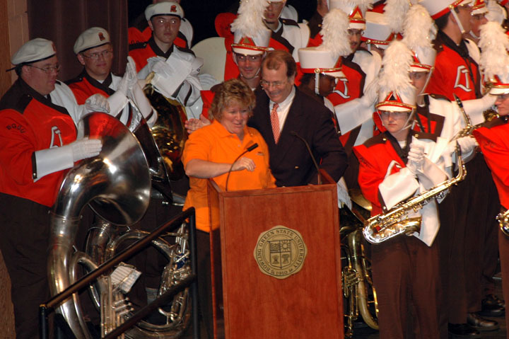  Dr. Moss alongside Wendy Headley at Sounds of the Stadium (2004). Mrs. Headley was a strong supporter of efforts to obtain new uniforms for the FMB.  