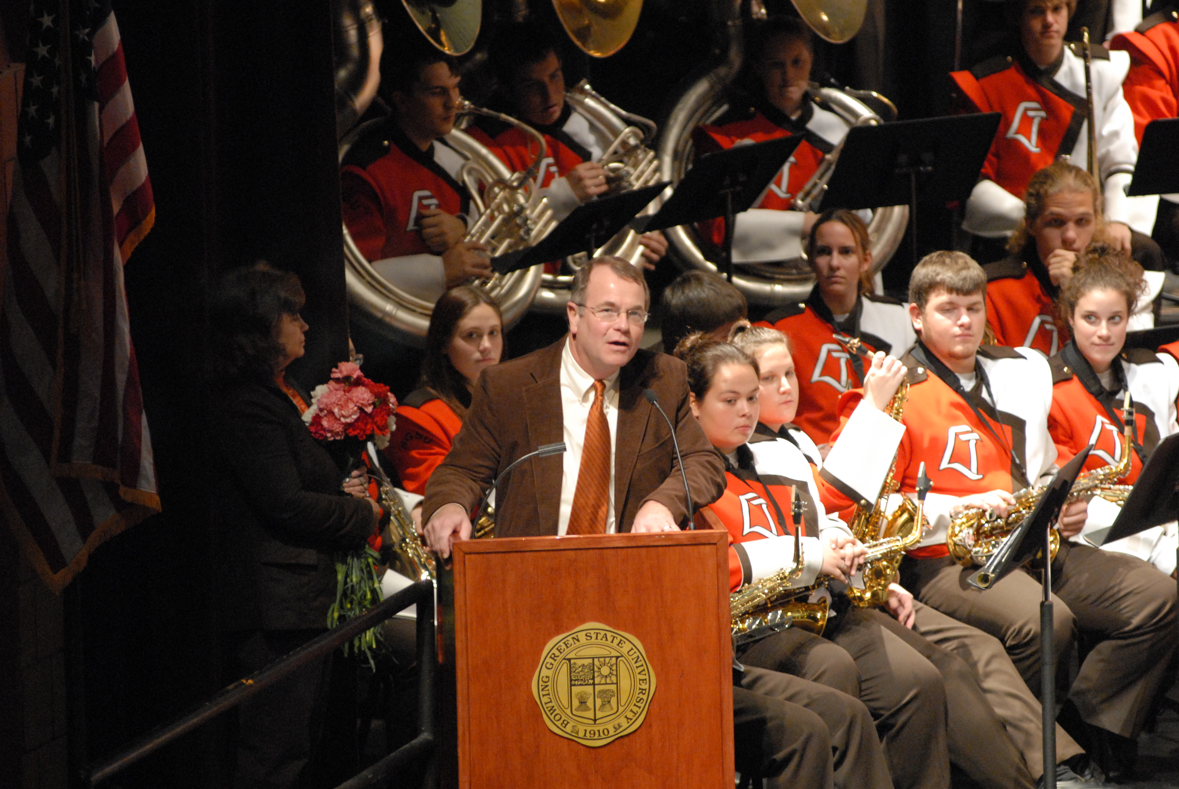  Dr. Moss speaks at Sounds of the Stadium (2004) in Kobcker Hall as Dr. Carol Hayward looks on (photo: Bill Hayward) 