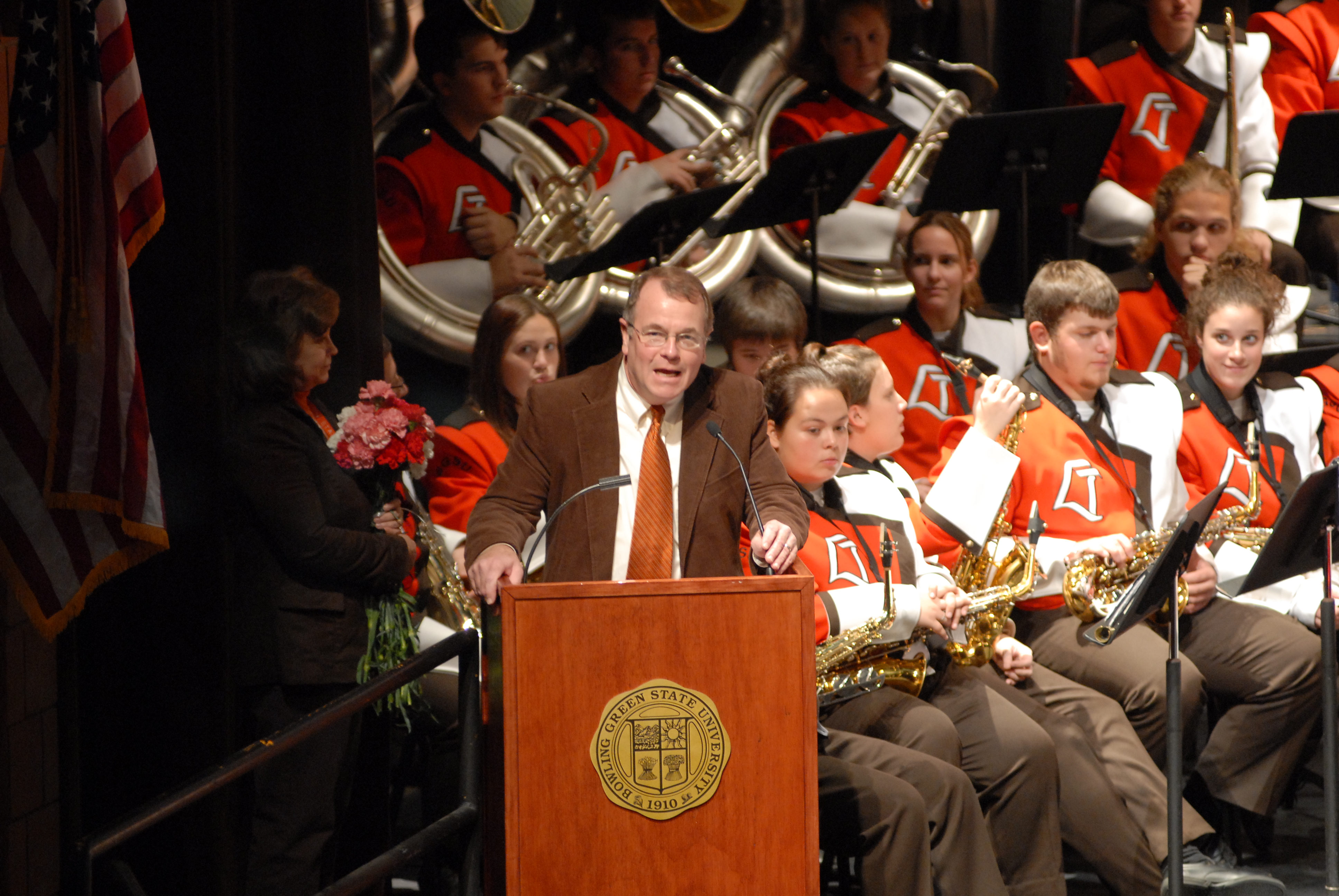  Dr. Moss speaks at Sounds of the Stadium in Kobcker Hall as Dr. Carol Hayward looks on (photo: Bill Hayward) 
