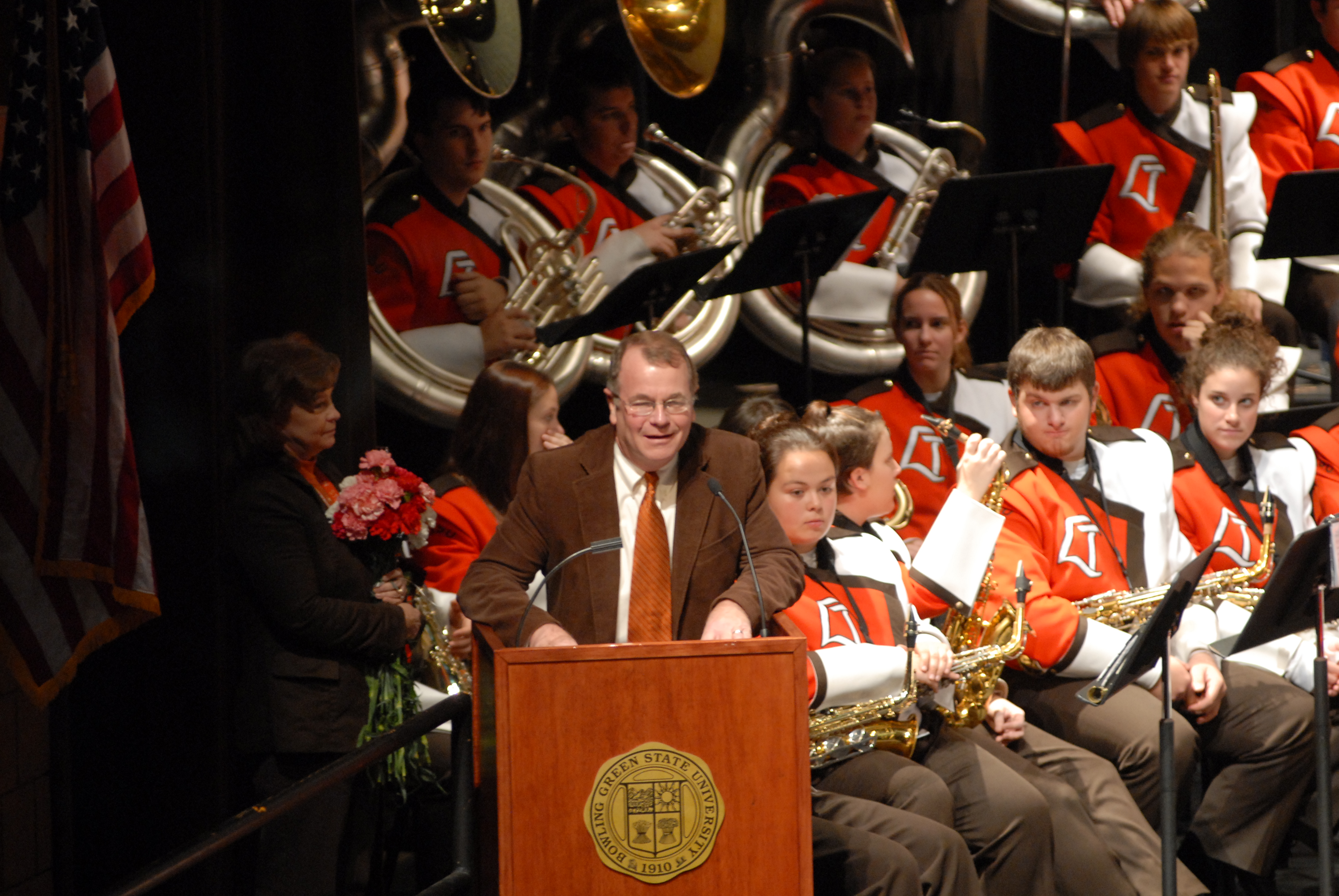  Dr. Moss speaks at Sounds of the Stadium in Kobcker Hall as Dr. Carol Hayward looks on (photo: Bill Hayward) 