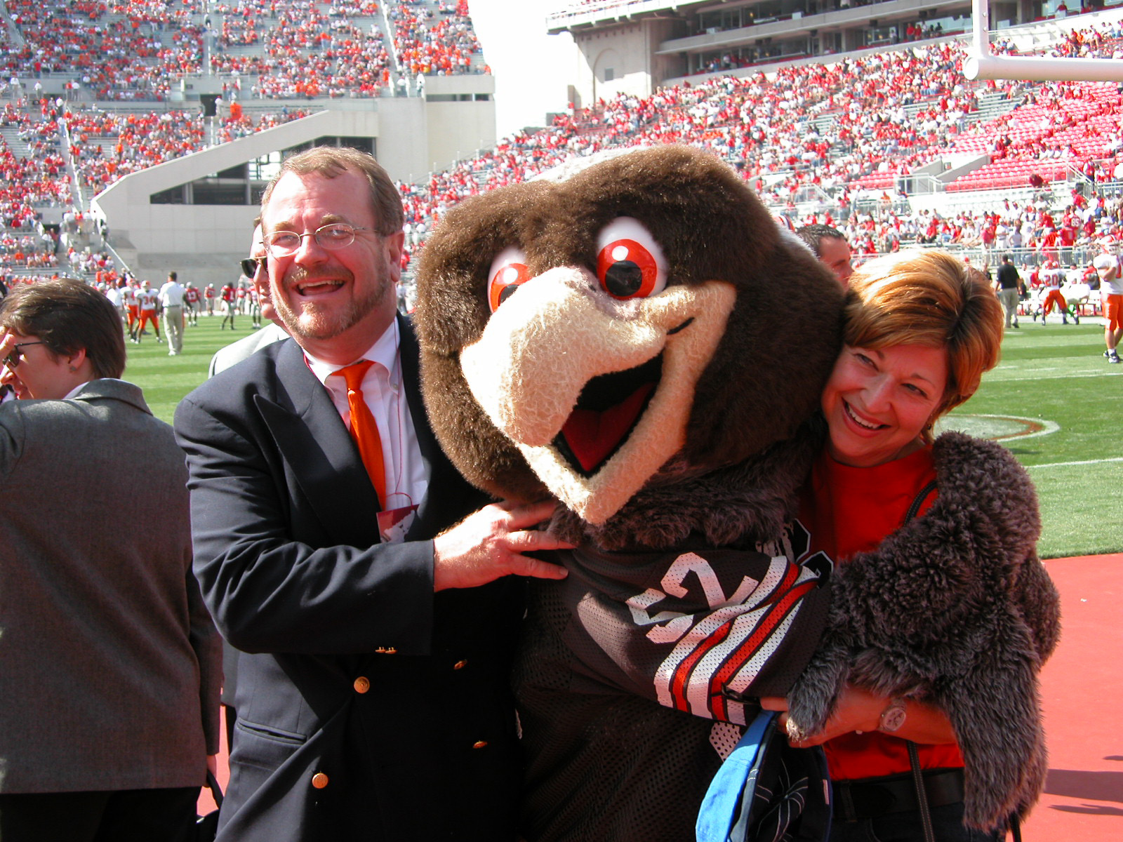  Dr. Moss and Dr. (Kathy) Moss with Frieda Falcon at the BGSU vs Ohio State game (fall, 2003) (photo: Bill Hayward) 