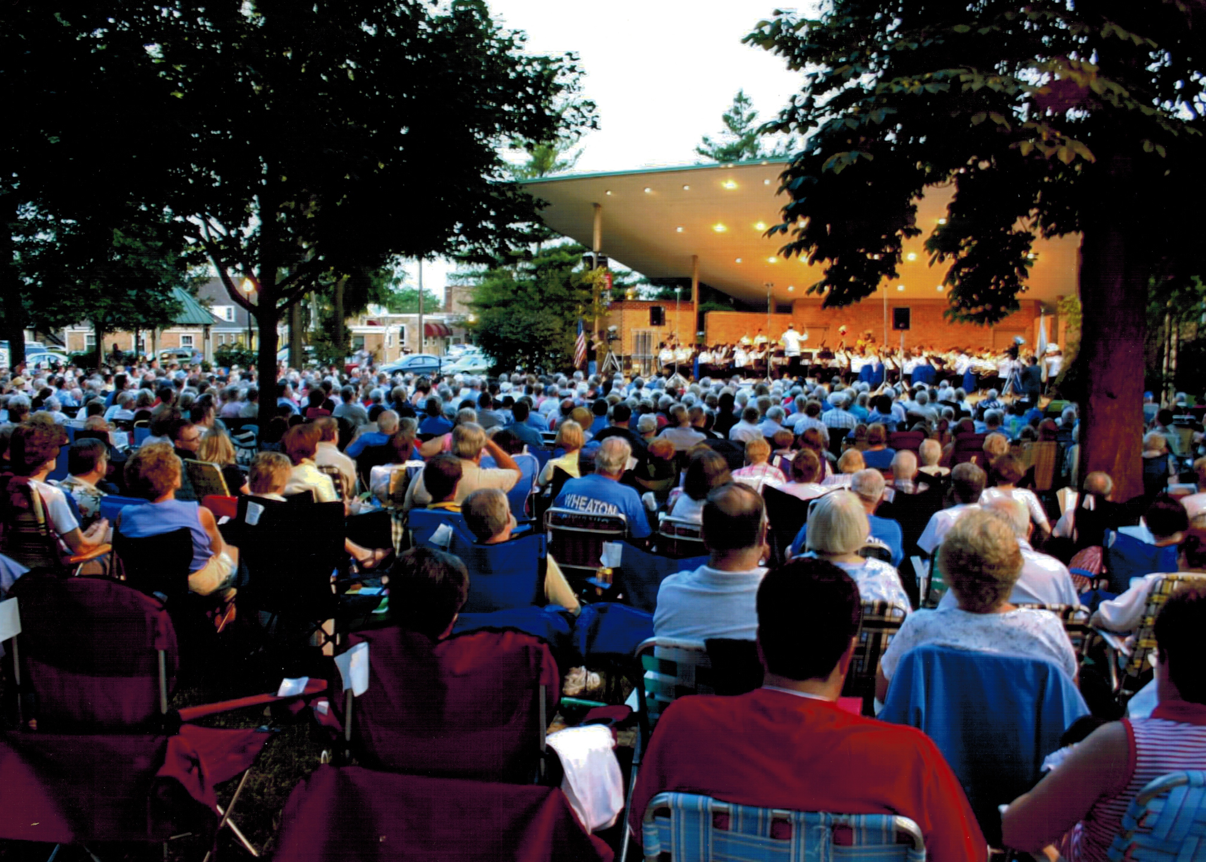  The old band shell. A small audience mid-concert in Memorial Park, Wheaton, IL 