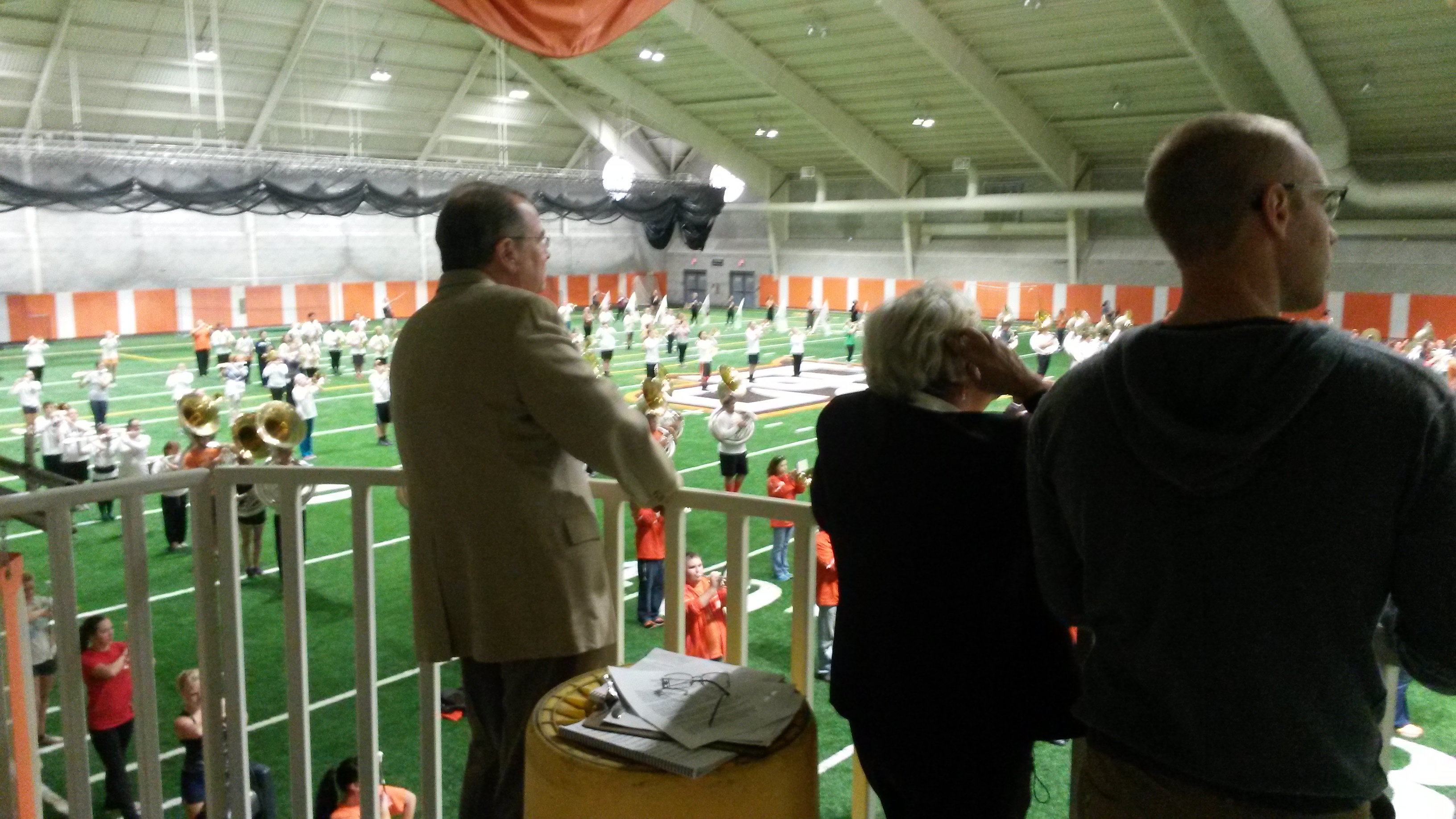  Dr. Moss and Dr. Hayward watching the FMB rehearse in Perry Fieldhouse (Oct. 2014) 