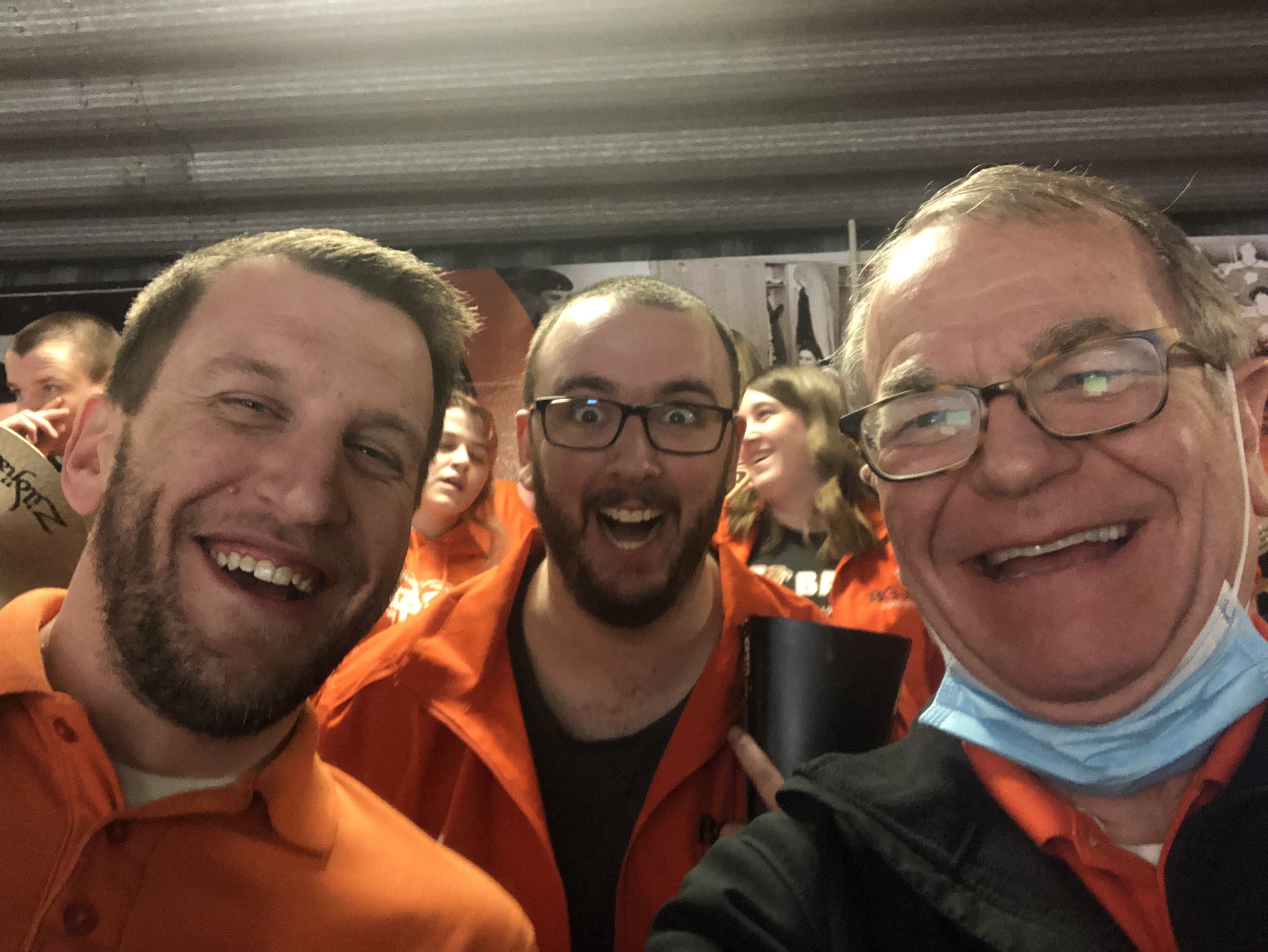  With Preston Ramsey and Ryan Williams. Ryan's wife Kat in background over his left shoulder. Alumni Band at BGSU Hockey (Feb. 2023) 