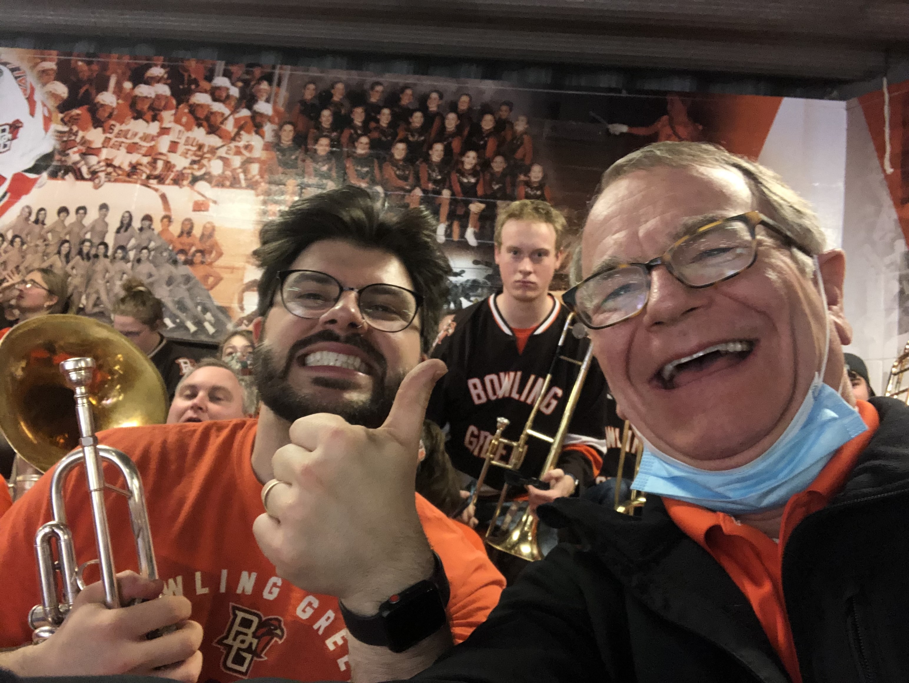 With Davis Giesler. An intense looking Jon Outrich in background. Alumni Band at BGSU Hockey (Feb. 2023) 