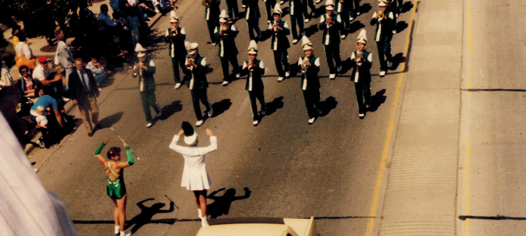  Forward by Fives: Bruce Moss (far left) walks along with the YHS Marching Band parading through Elmhurst (1985) 